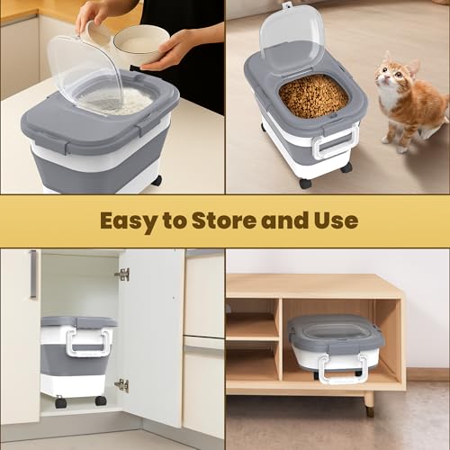 HOYTAMDA 20-30Lbs Rice Container,Collapsible Airtight Food Storage Containers with Wheels,Handle,Rice Storage Container with Small Bin and Scoop,Rice Dispenser for Flour Sugar Cereal Grain Dog Cat - color: Grey-20/30lbs