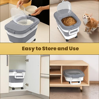HOYTAMDA 20-30Lbs Rice Container,Collapsible Airtight Food Storage Containers with Wheels,Handle,Rice Storage Container with Small Bin and Scoop,Rice Dispenser for Flour Sugar Cereal Grain Dog Cat - color: Grey-20/30lbs