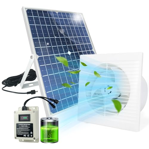 Solar Powered Exhaust Fan with Battery, 25 W Waterproof Solar Panel 8 Inch Ventilation Vent Fan Solar Fan for Greenhouse, Chicken Coop,Shed, Garage, Attic, Barn, Workshop,14.8ft Cable,5000mAh Battery - size: 5000mAh Battery 25W 8" solar exhuast fan