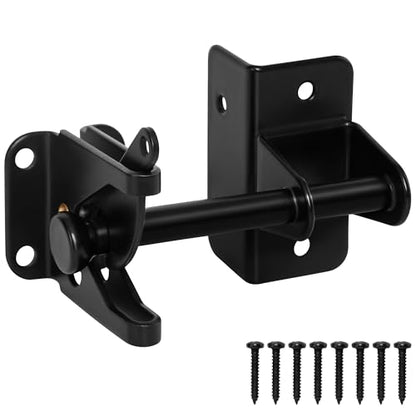 Self Locking Gate Latch for Wooden Fence, Heavy Duty Automatic Gravity Fence Latch for Wood Metal Gate, Gate Hardware Door Lock for Outdoor Pool Garden Shed, Black, 1Pack