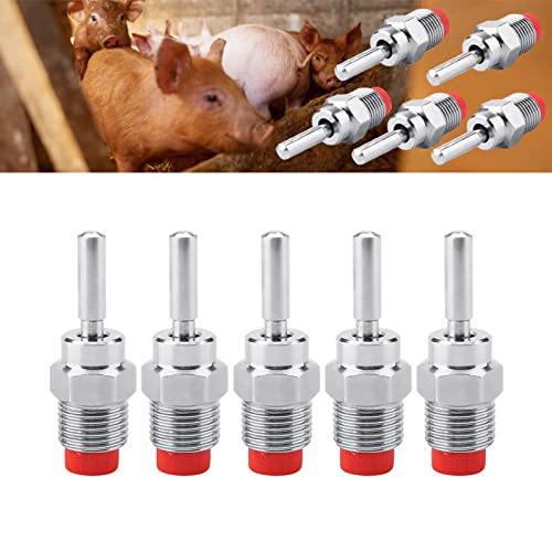 Stainless Steel Automatic Pig Nipple Drinker Waterer with Long Rod, Red Copper Cap, 5pcs for Sow Piglets, Sheep, Horse, Cattle, and Poultry - Farm Animal Waterer, Livestock Waterer