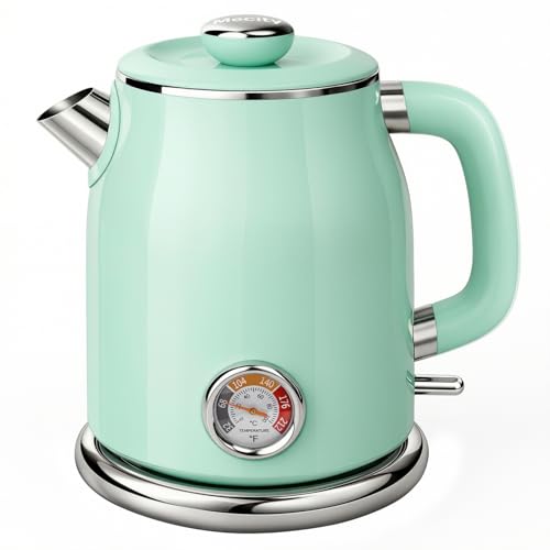 Mecity Retro Electric Kettle 1.7L, Stainless Steel Interior (No Plastic Contact), Double Wall Cool Touch, Fast Boil 1500W, Thermometer (°F/°C), Removable Lid, Wide Opening Easy Cleaning, 120V, Green - color: Light Green