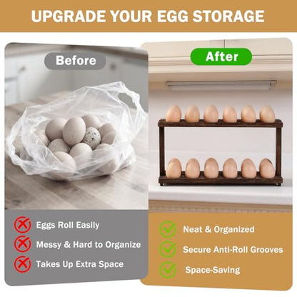 PEKER Wooden Egg Holder, 2-Tier Countertop Egg Rack, 24-Egg Capacity (Paulownia Wood), Farmhouse Kitchen Organizer for Fresh Eggs