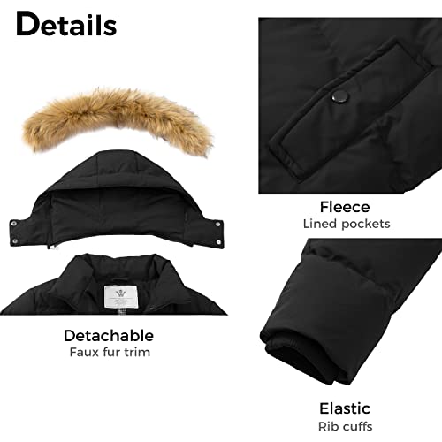 WenVen Women's Winter Thicken Puffer Coat Warm Jacket with Faux Fur Removable Hood - color: Black, size: XX-Large
