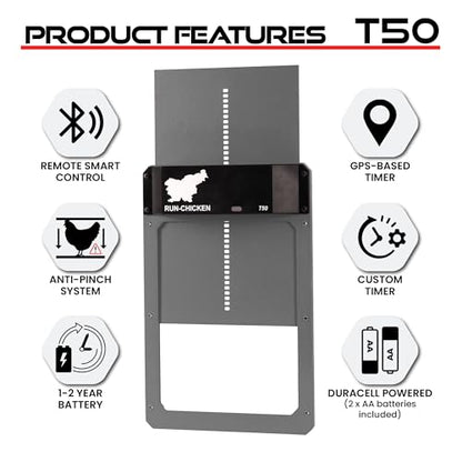 RUN-CHICKEN Door T50 – Automatic Chicken Coop Door Opener, Battery Powered & Weatherproof Aluminum, Smart App & Timer Control, Predator Proof, Easy Install, Reliable All-Season Performance (Gray)