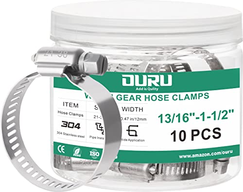 OURU 10PCS Hose Clamps Stainless Steel Adjustable 13/16"– 1-1/2"(21-38mm) Worm Gear Hose Clamp, Heavy Duty Metal Small Hose Clamps for Automotive, Pipe, Radiator Plumbing, Fuel Line - size: 13/16"-1-1/2"(21-38mm)