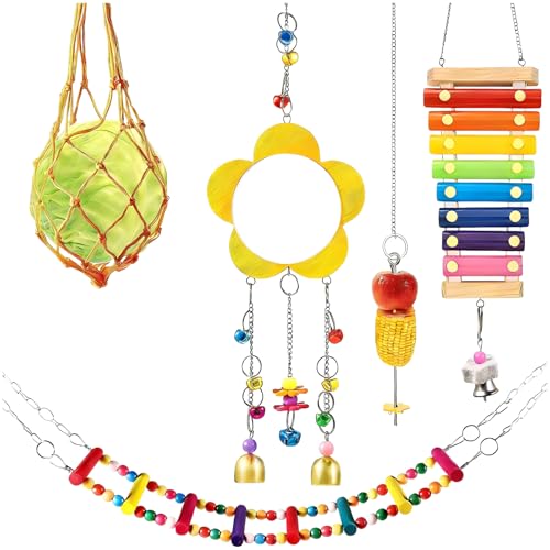 5 Pcs Chicken Toys Set, Chicken Xylophone with Wood Swing Perch Stand, Mirror, Hanging Feeder, Metal Chain for Coop Accessories
