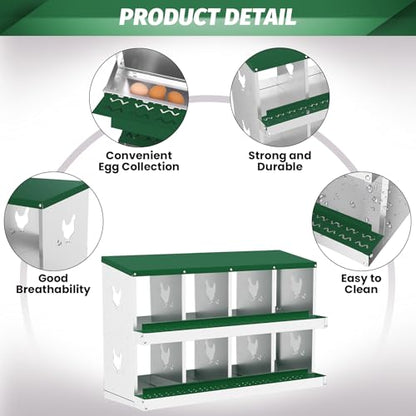 Chicken Nesting Box, 8-Hole Nesting Boxes, Removable Tray, Ventilation Holes, Easy Egg Collection & Cleaning, Laying Boxes for Hens, Green - color: Green, size: 8 Holes