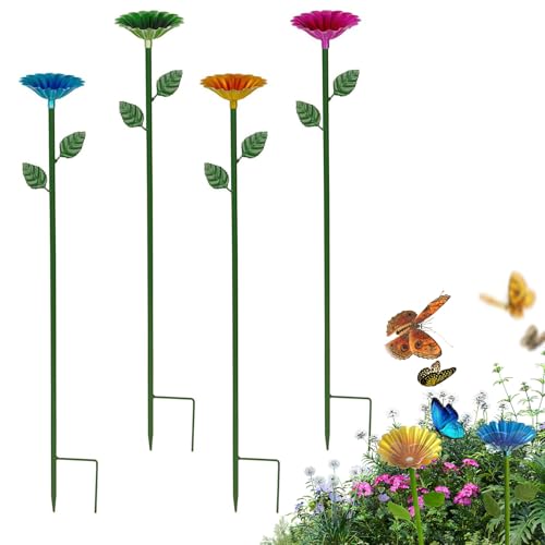 4 Pack Metal Bee Watering Station for Garden, Flower-Shaped Bee Cups, Durable Bird Bath & Butterfly Feeders for Outdoors Yard Decor (Red, Green, Blue, Yellow)