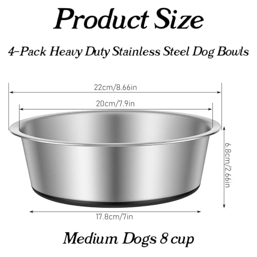 4-Pack Heavy Duty Stainless Steel Dog Bowls with Non-Slip Base – 8 Cup (64 oz) Rust-Resistant Metal Food & Water Dishes for Medium & Large Dogs