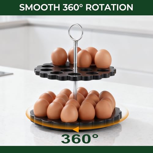 Acacia Wooden Double Layer Egg Holder for 32 Fresh Eggs, Modern Countertop Egg Storage Rack, Fits Chicken, Duck, Turkey Eggs - color: black