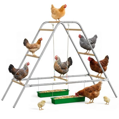 Wooden Chicken Perch with Swing – Large Multi-Level Roosting Bars for 8-12 Chickens, Durable Wood & Rustproof Hardware Outdoor Coop Stand, Easy Assembly Backyard Chicken Accessories