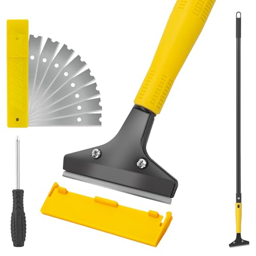 KeFanta Scraper Tool, 4" Wide Heavy Duty Floor Scraper with 45.7" Long Handle, Razor Blade Scraper for Cleaning Windows Glass Shower Gum Tile Scraper Ceiling Scraper, 10PCS Extra Metal Blades - color: Long Handle Floor Scraper Yellow