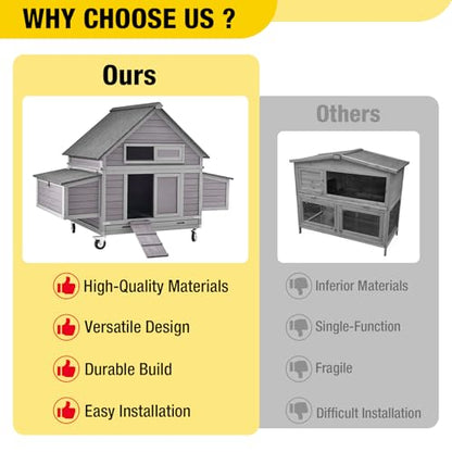 Aivituvin Chicken Coop with Wheels Large Poultry Cage with Two Nesting Boxes Outdoor 19ft² Wooden Hen House - size: 67"L x 39.8"W x 49.5"H