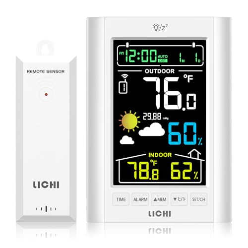 Weather Station Wireless Indoor Outdoor Thermometer， Inside Outside Temperature Humidity Monitor，with 330ft Range Sensor and Adjustable Backlight (White) - color: White
