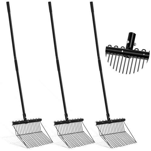Lasnten 3 Sets Manure Fork with Long Handle, All Metal Head & Handle, Pitch Fork Manure Rake Heavy Duty Dustproof Muck Rake for Gardening Horse Stable Grass Hay Cleaning Farm Work(Black) - color: Black