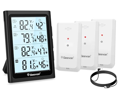 Geevon Weather Stations Wireless Indoor Outdoor Thermometer with 3 Outdoor Sensors, Large LCD Display Digital Temperature Humidity Gauge with Backlight (LCD Display) - color: LCD Display