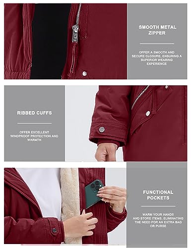 ROYAL MATRIX Women's Winter Coats Fleece Lined Parka Jacket Hooded Long Winter Warm Parka Coat with Pockets - color: Wine, size: 6