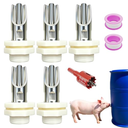 5 PCS Pig Nipple Waterer for Barrel Kit Automatic Pig Water System 1/2 inch Stainless Steel Waterer Drinker Feeder with Tank Connectors Hog Water Nipples for Sows Piglet (5pcs, one Size) - color: 5pcs