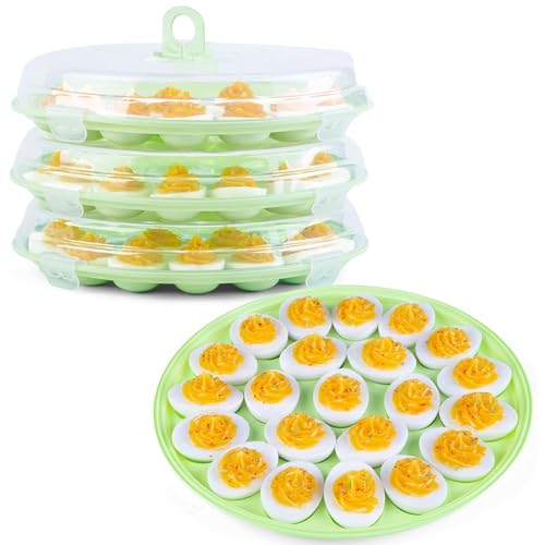 HANSGO Deviled Egg Containers with Lid, 3PCS Deviled Egg Platter Carrier Holder Trays with 66 Slots for Party and Home Kitchen, Green - color: 3 Pack Green