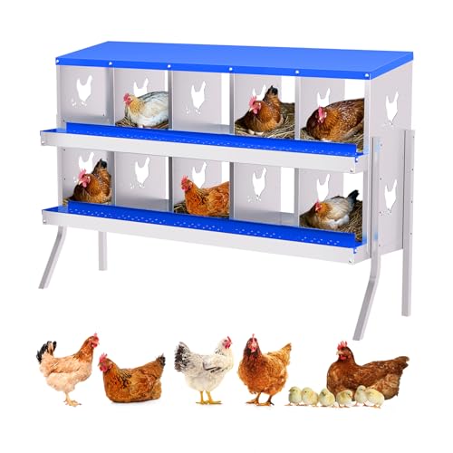 GarveeHome 10 Holes Nesting Boxes for Chickens, Roll Away Chicken Nesting Box with Lid Cover, Easy Egg Collection, Chicken Laying Box for Outdoor, Poultry Coop, Farm, Yard, with Bracket Legs - color: blue, size: 10 holes with legs