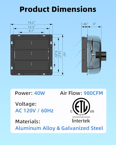 12'' Upgraded Shutter Exhaust Fan with Thermostat & Remote, 980 CFM Wall Mounted Attic Exhaust Fan, Auto On/Off by Temperature for Garage, Greenhouses, Sheds, Chicken Coops & Basement - size: 12 Inch