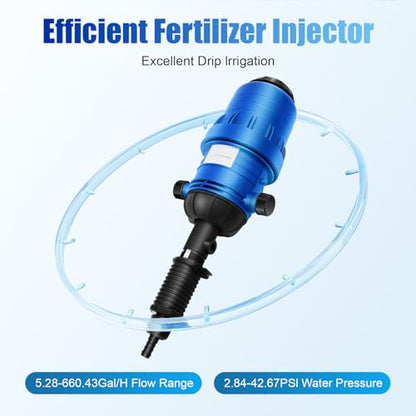 Water Driven Fertilizer Injector for Drip Irrigation, 0.4%-4% Adjustable 660 GPH Hydraulic Proportioner with Base & Hose, Automatic Nutrient Doser for Garden Farm Greenhouse Livestock