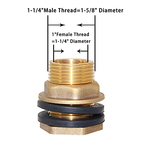 Joywayus 1" Female 1-1/4" Male Soild Brass Water Tank Connector Bulkhead Tank Fitting With 2 Rubber Ring Stablizing - size: 1" Female - 1-1/4" Male