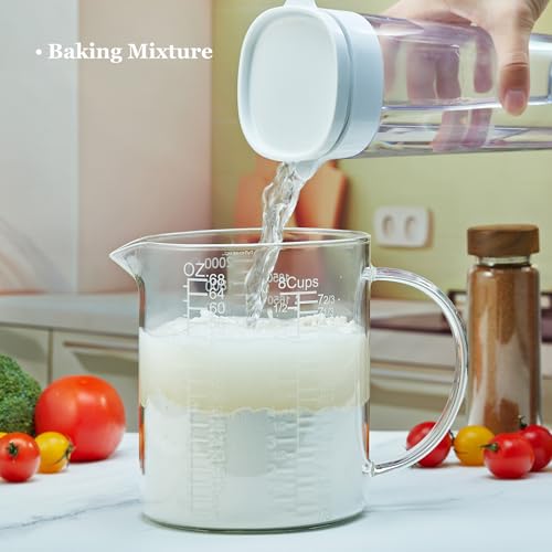 Ackers BORO3.3 Borosilicate Glass Measuring Cup with Insulated Handle, V-Shaped Spout, Clear, 2000ml/64oz Capacity, Etched Graduation, Easy to Read - size: 2000 ML (64 Oz, 8 Cup) - Etched Graduated