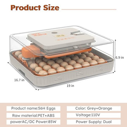 Egg Incubator for Hatching 56 Chicken, Duck, Quail & Goose Eggs – Automatic Egg Turner, Humidity & Temperature Control, Built-in LED Candler, Auto Water Refill, 360° Clear View Digital Poultry Hatcher