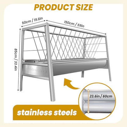 77 Gallon Capacity Livestock Feeder, 2-in-1 Large Capacity Feed & Water Trough, Goat Hay Feeder, Freestanding Outdoor Farm Livestock Feeder, Smooth Edges Design for Goats, Horses, Ranch & Barn Use