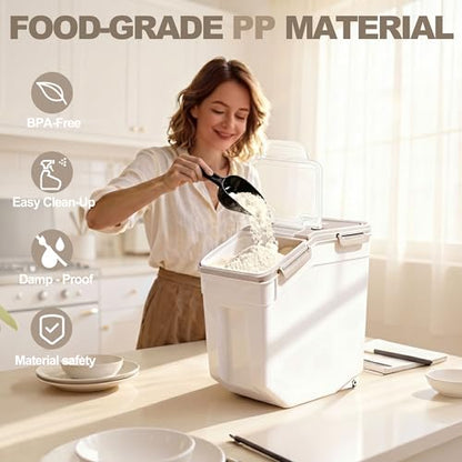 RUIAN 2Pcs Large Flour Storage Container Bin 50Lb Airtight Rice Storage Containers with Wheels Seal Locking Lid, BPA Free with Measuring Cup&Scoop for Flour, Rice, Grain 100LBS Total (Grey) - color: Gray 2Pack 50Lb