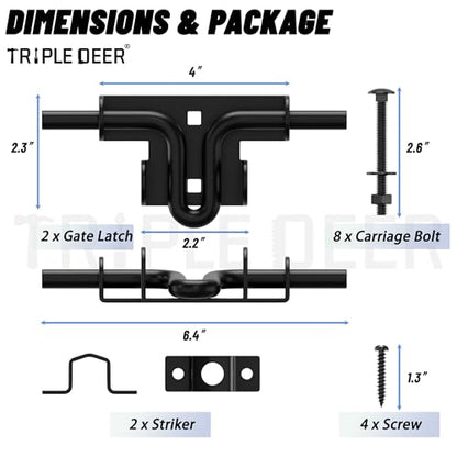TRIPLE DEER Heavy Duty Sliding Bolt Gate Latch with Padlock Hole & Carriage Bolt, Slide Bolt Hardware for Wooden Fence/Yard Fence/Shed Door/Barn Door, Black, 2 Pack
