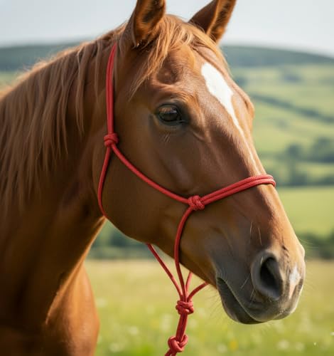 Rope Horse Halter, Braided Training Halter with Hand-Knotted Design, Multiple Sizes for Yearling, Small, Mule & Standard Horses, Lightweight Metal-Free Control Halter - color: Red, size: Standar