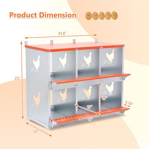 Galvanized Steel Chicken Nesting Box 6 Bay Wall Mounted Predator Proof for Hens and Ducks Easy Egg Collection Vented Design Easy Assemble Orange Coop Equipment (6 Compartment) - size: 31.8"L x 17.0"W x 25.0"H