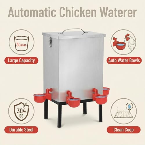 3 Gallon Chicken Waterer with Cups & Nipples, Stainless Steel Poultry Waterer for Backyard Coop, No-Spill, Easy to Clean, Ideal for Chickens, Ducks & Small Farms