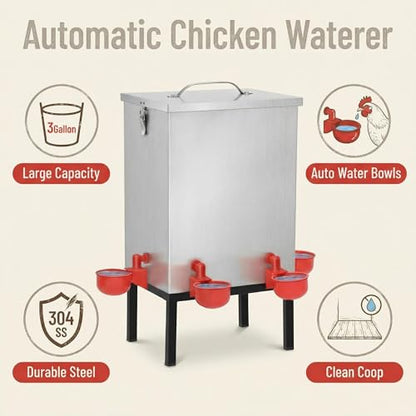3 Gallon Chicken Waterer with Cups & Nipples, Stainless Steel Poultry Waterer for Backyard Coop, No-Spill, Easy to Clean, Ideal for Chickens, Ducks & Small Farms
