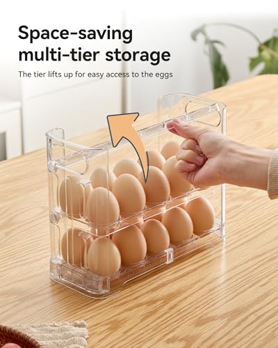 3-Tier Egg Holder, Holds 30 Eggs with Lift-Up Layers & Date Tracker, Multi-Use egg Organizer with Handle for Countertop, Pantry, Refrigerator, Clear