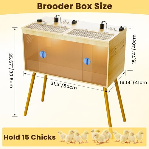 Brooder Box For Chicks, 32 Inch Large Wooden Chicken Brooder Box With Legs, 75W Heat Lamps, Thermometer, Chicken Feeder & Waterer Set, Tin Foil, Ideal For 12-15 Chicks Ducks Quail, Large(Legs)