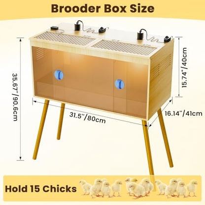 Brooder Box For Chicks, 32 Inch Large Wooden Chicken Brooder Box With Legs, 75W Heat Lamps, Thermometer, Chicken Feeder & Waterer Set, Tin Foil, Ideal For 12-15 Chicks Ducks Quail, Large(Legs)