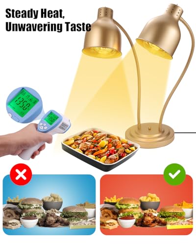 Food Heat Lamp, Heating Lamp with Flexible Arm, 250W Bulb x 3-5000 Hours Rated, Commercial Food Warmers for Buffet, Parties, Fast Food, (Brass) - color: Brass, size: Double-Head