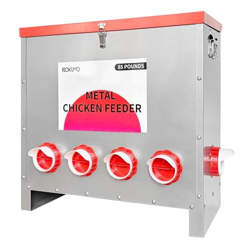 85 lb Automatic Poultry Feeder, 10-Port Feed Box for Chickens | Metal build, Locking lid, Weatherproof design, Rodent-resistant storage, Ducks, Geese, Turkeys, Backyard coop, Farm use
