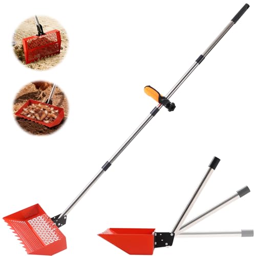 Chicken Poop Scooper for Sand & Rake 2-in-1, Metal Chicken coop Scoop with 35 to 76" Adjustable Aluminum Alloy Handle, Litter Scooper Sand Sifting Shovel Chicken Coops/Animals House
