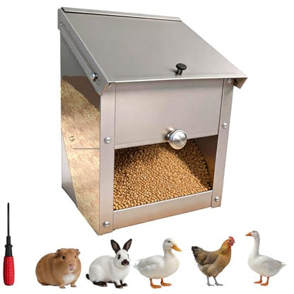 Stainless Steel Gravity Feeder for Squirrel, No Waste Hanging Chicken Feeder with Lid, Wall Mount Food Box for Duck Goose Stray Cat Small Pets Indoor Outdoor (10 lbs)