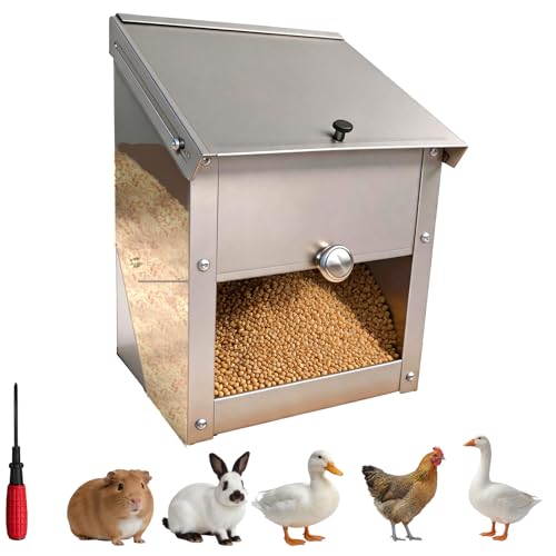 Stainless Steel Gravity Feeder for Squirrel, No Waste Hanging Chicken Feeder with Lid, Wall Mount Food Box for Duck Goose Stray Cat Small Pets Indoor Outdoor (10 lbs)