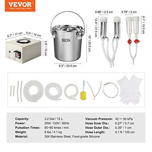 VEVOR Goat Milking Machine, 12 L 304 Stainless Steel Bucket, Electric Automatic Pulsation Vacuum Milker, Portable Milker with Food-Grade Silicone Cups and Tubes, Adjustable Suction for Cows and Sheep - size: 12 L