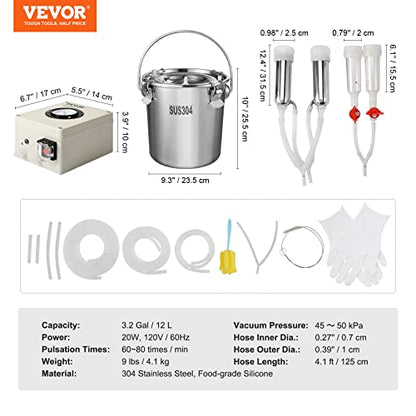 VEVOR Goat Milking Machine, 12 L 304 Stainless Steel Bucket, Electric Automatic Pulsation Vacuum Milker, Portable Milker with Food-Grade Silicone Cups and Tubes, Adjustable Suction for Cows and Sheep - size: 12 L