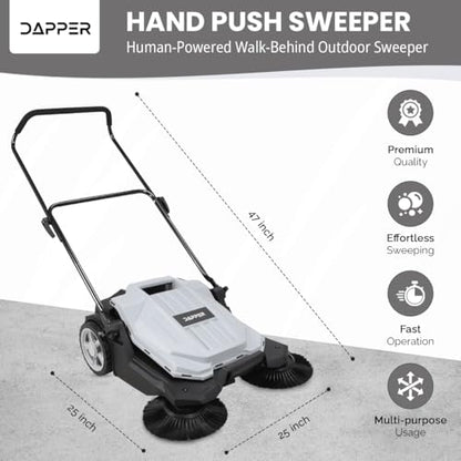 Dapper Supply Walk-Behind Outdoor Hand Push Floor Sweeper - 5.25 Gallon Capacity - 25.5" Sweeping Width - Sweeps up to 27,900 ft/Hour, Grey - size: 25.5"