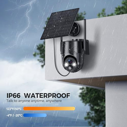 Solar Powered Outdoor Security Camera, 360° View Solar Powered WiFi, 2K HD, Night Vision, Motion Detection, Black