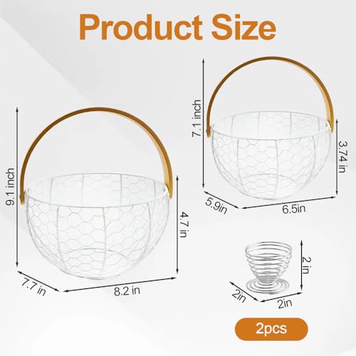 2PCS Wire Egg Baskets for Gathering Fresh Egg With Handle, Farmhouse Round Metal Egg Collecting Basket, Rustic Eggs Holder Basket for Kitchen Countertop (White)
